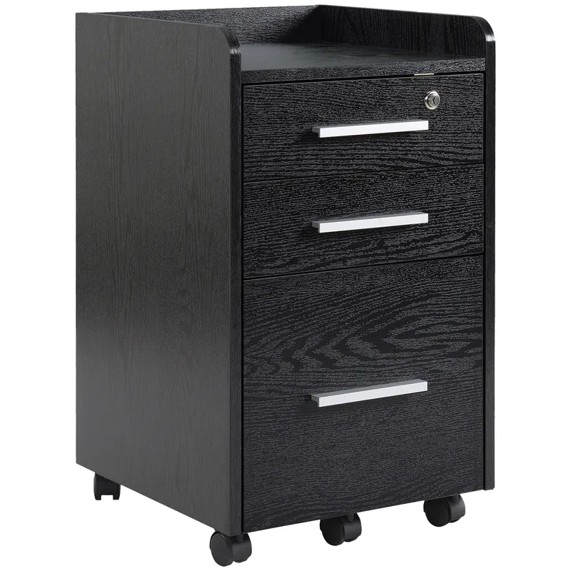 HOMCOM Dulap Portadocumente din Lemn cu 3 Sertare cu Chei de Securitate și 5 Roți, 39.2x40x65.4 cm, Negru | Romania