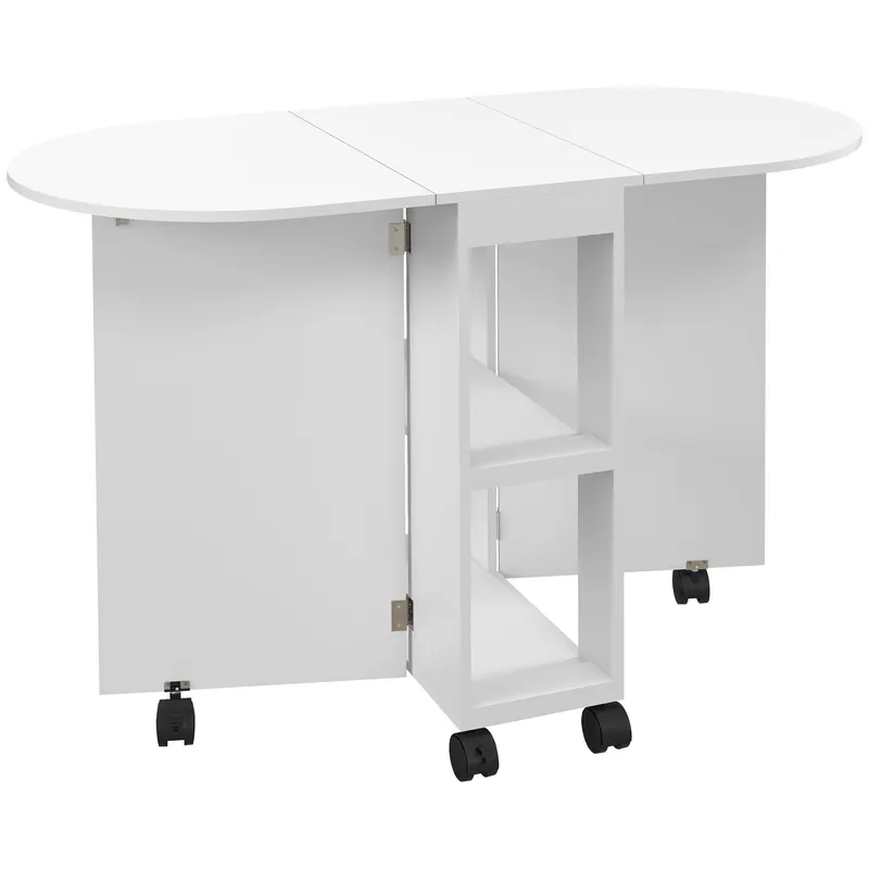 HOMCOM Masă de Comedor Plegable cu Ruedas Masă de Cocina cu Alas Abatibles și 2 Rafturi Deschise 120x60x77 cm Alb | Romania