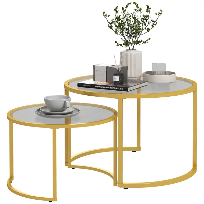 HOMCOM Set de 2 mese de cafea nesting rotunde blat sticlă securizată și picior din oțel carbon aur | Romania