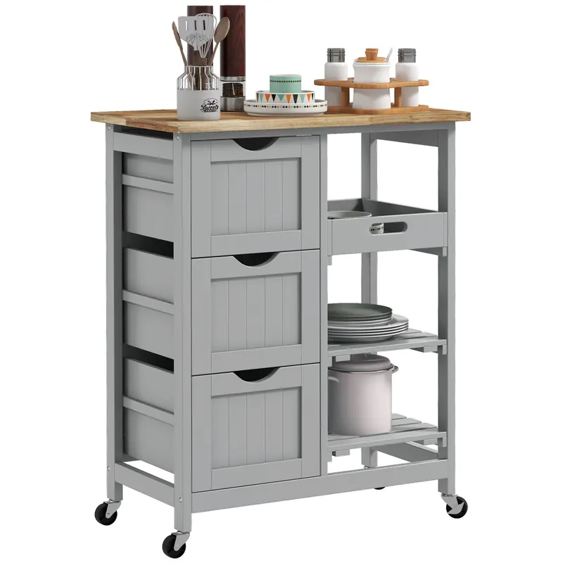 HOMCOM Carucior Auxiliar cu Roti Carucior de Bucatarie cu 3 Sertare 2 Rafturi Deschise si Tava Detasabila 67x37x85,5 cm Gri | Romania