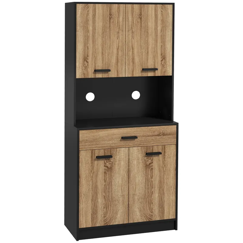 HOMCOM Dulap de bucătărie din lemn cu 2 dulapuri cu 2 uși și sertar, 80x40x180 cm, negru și culoare lemn | Romania