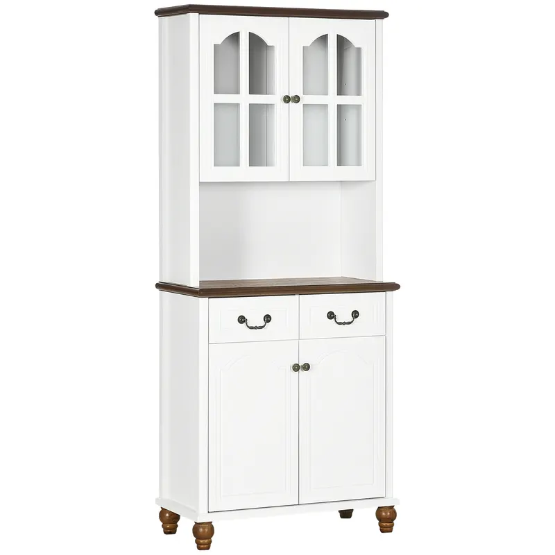 HOMCOM Sifonier de Bucătărie, Bufet, 2 Sertare, 2 Compartimente cu Uși, Design Clasic, Alb + Maro închis, 76 x 38 x 182 cm | Romania