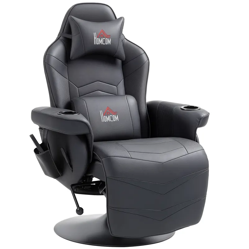 HOMCOM Fotoliu de gaming, Funcție de masaj, Spătar reglabil, Suport pentru picioare, până la 120 kg, Cadru din oțel, Piele ecologică, Negru | Romania