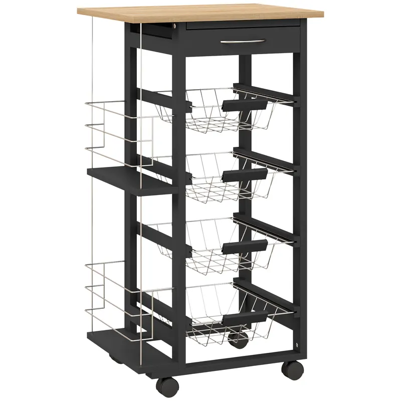 HOMCOM Carucior de Bucătărie cu Roți Carucior Multiusos cu Sertar 4 Coșuri Detașabile de Metal și Rafturi 47x37x83 cm Negru | Romania