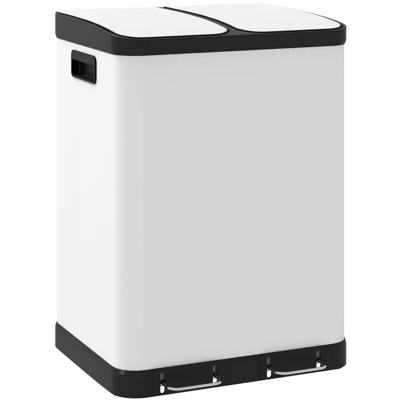 HOMCOM Coș de gunoi de bucătărie 2 x 30L cu pedala din oțel inoxidabil, 2 compartimente, capac cu închidere moale, 60L, alb | Romania