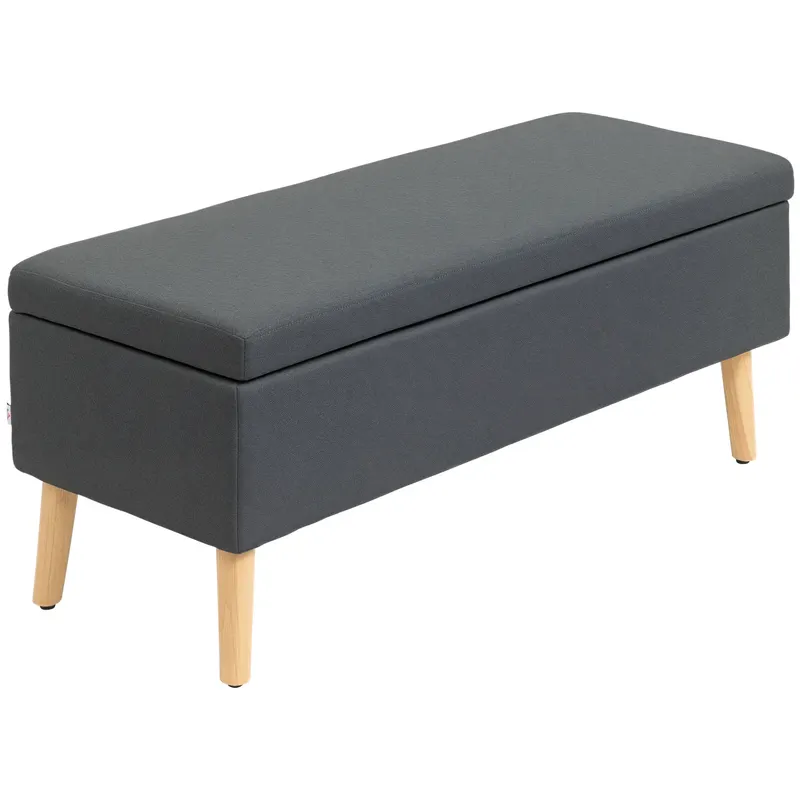HOMCOM Bancă tapițată cu depozitare, bancă de dormit în model de in, lemn de cauciuc, 110 x 39 x 45 cm, Gri închis | Romania