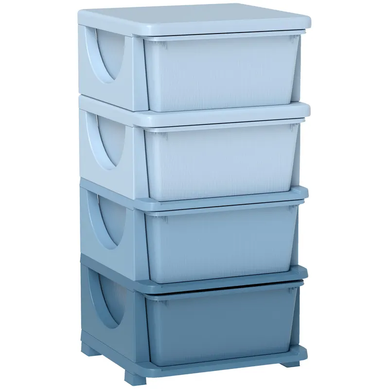 HOMCOM Cutii de depozitare pentru copii, 4 sertare, margini rotunjite, design ridicat, plastic, albastru | Romania