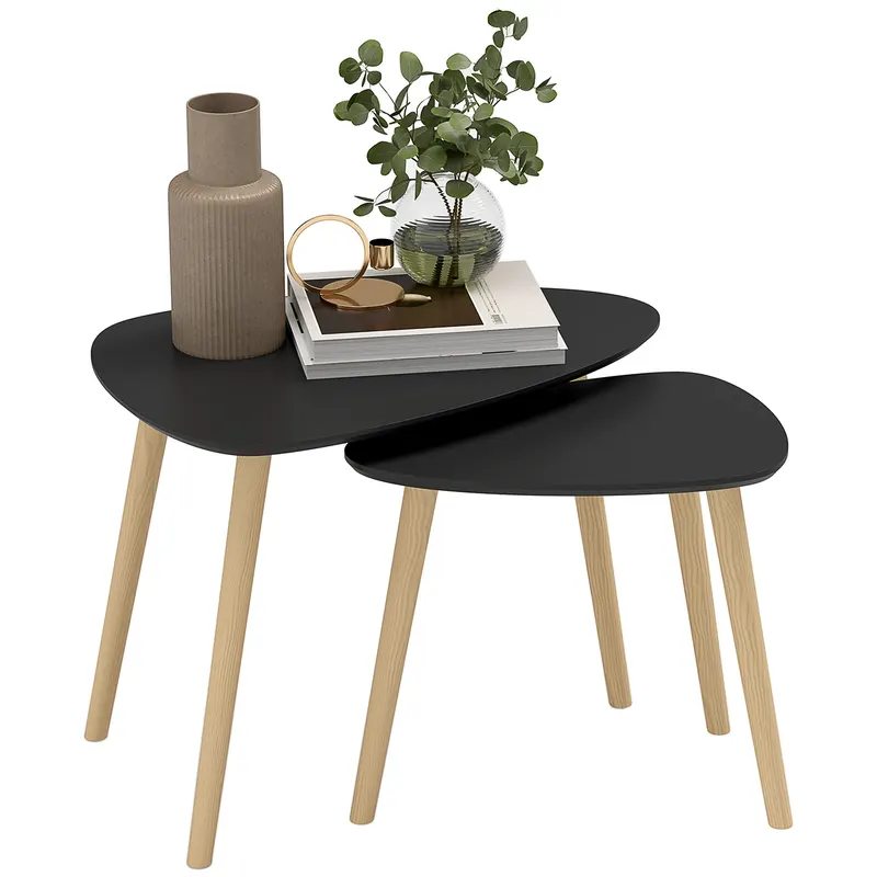 HOMCOM Set de 2 mese de cafea nestemate design scandinav picioare din lemn si blat din lemn, negru | Romania