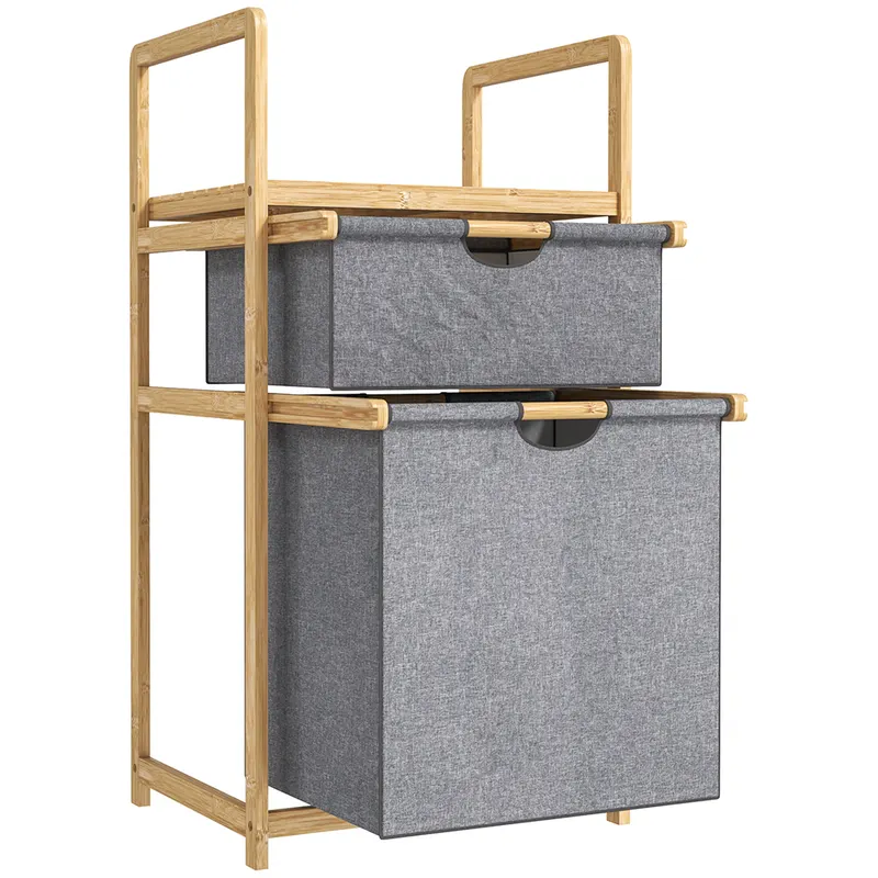 HOMCOM Coș de rufe din bambus coș de rufe murdare cu 2 saci din material textil culisante și raft cu lamele, natural | Romania