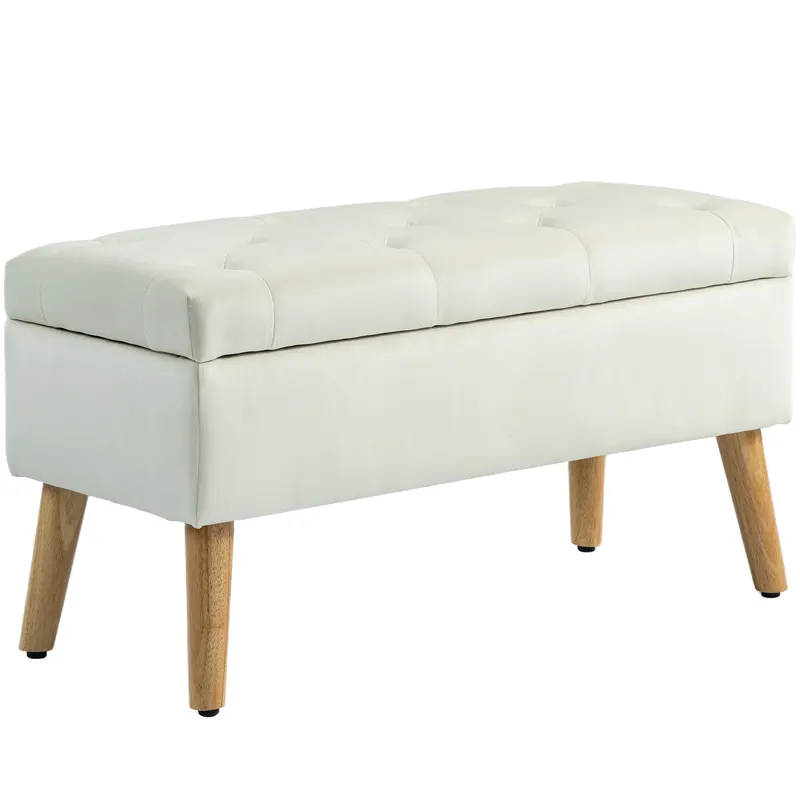 HOMCOM Taburet cu Depozitare In Catifea Picioare In Lemn Di Cauciuc 80x35x42 cm Crem | Romania