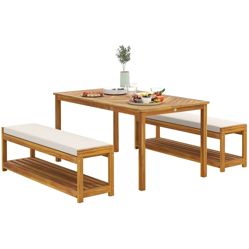 Outsunny Set de mobilier de grădină 3 buc., Set de scaune cu 1 masă cu orificiu pentru umbrelă, 2 bănci 150 x 85 x 75 cm Teak | Romania