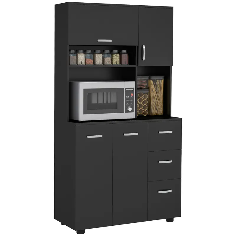 HOMCOM Cabină de bucătărie multi-depozitare 4 uși 3 sertare raft + blat mare 89L x 39,5l x 168H cm negru | Romania