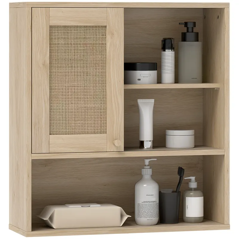HOMCOM Armoire murale, mobilier suspensie baie cu ușă glisantă din răchită și rafturi deschise, lemn natural | Romania