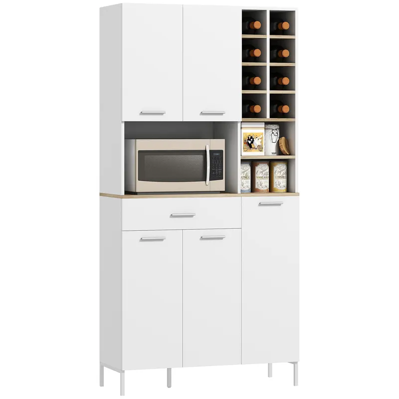 HOMCOM Dulap de bucătărie cu rafturi deschise, rafturi, raft pentru vin, dulap de provizii cu 5 uși, MDF, Alb | Romania