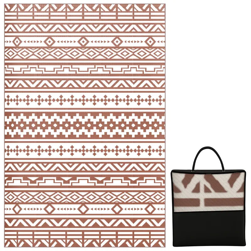 Outsunny Covor exterior reversibil 1,8 x 2,7 m, covor de sol cu model zid geometric din PP geantă de transport roșu și alb | Romania