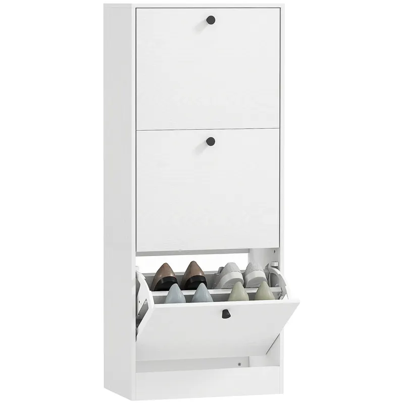 HOMCOM Dulap cu 3 Uși Rabatabile Rafturi Ajustabile și Design Compact 47x28x115 cm Alb cu Inserții de Lemn | Romania