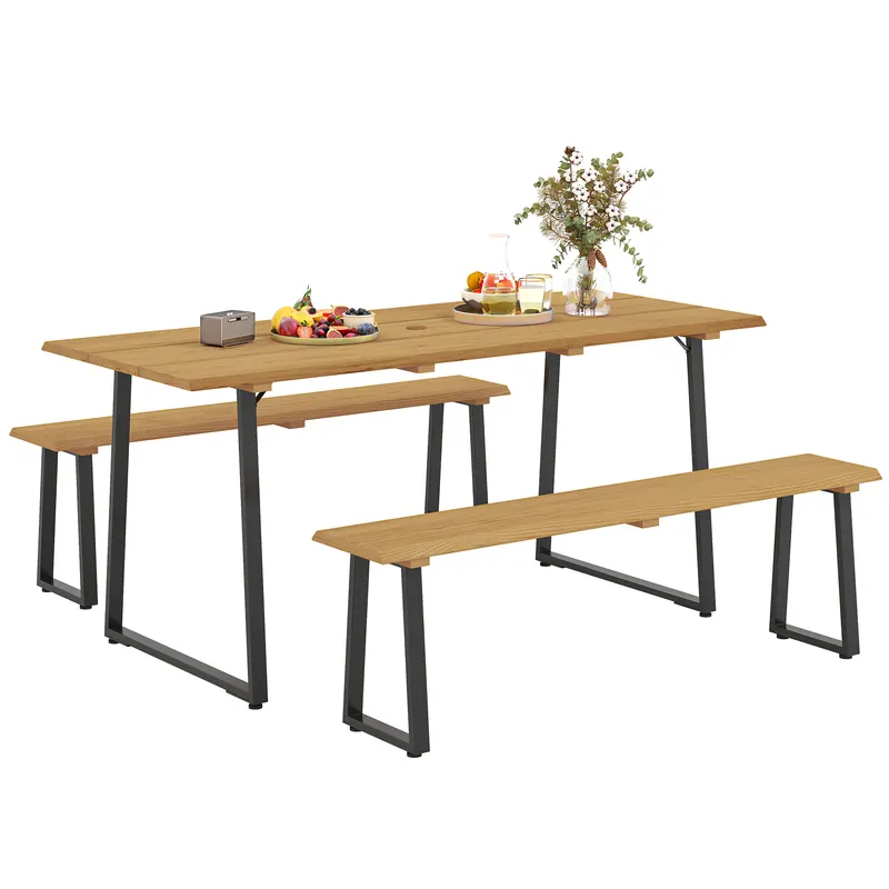 Outsunny Grup de mobilier din 3 piese din lemn pentru 6 persoane Masă de bucătărie cu 2 bănci Orificiu pentru umbrelă Masă din lemn 178 x 76 x 77 cm Lemn natural | Romania