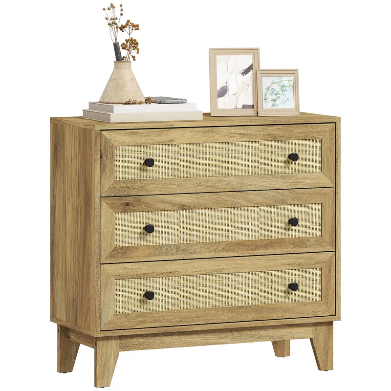 HOMCOM Comoda cu 3 Sertare Comoda de Lemn cu Frontale din Ratan Stil Cannage pentru Dormitor 80x35x76 cm Natural | Romania