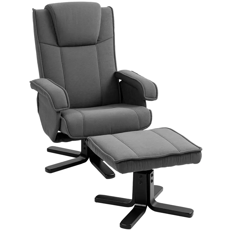 HOMCOM Fotoliu de relaxare leagăn cu taburet, tapiterie din material textil în aspect de catifea, fotoliu tapițat cu funcție de rotație de 360°, cadru de lemn, Gri | Romania