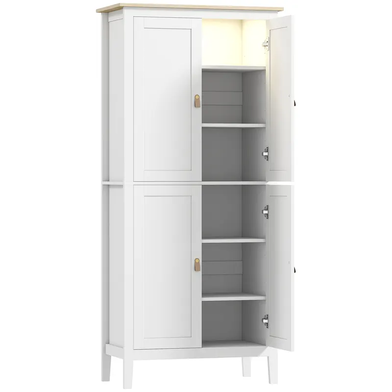 HOMCOM Bufet Înalt de Bucătărie 177 cm, Dulap cu Lumină LED, Reglabil în 3 Culori, Rafturi Ajustabile, Alb | Romania
