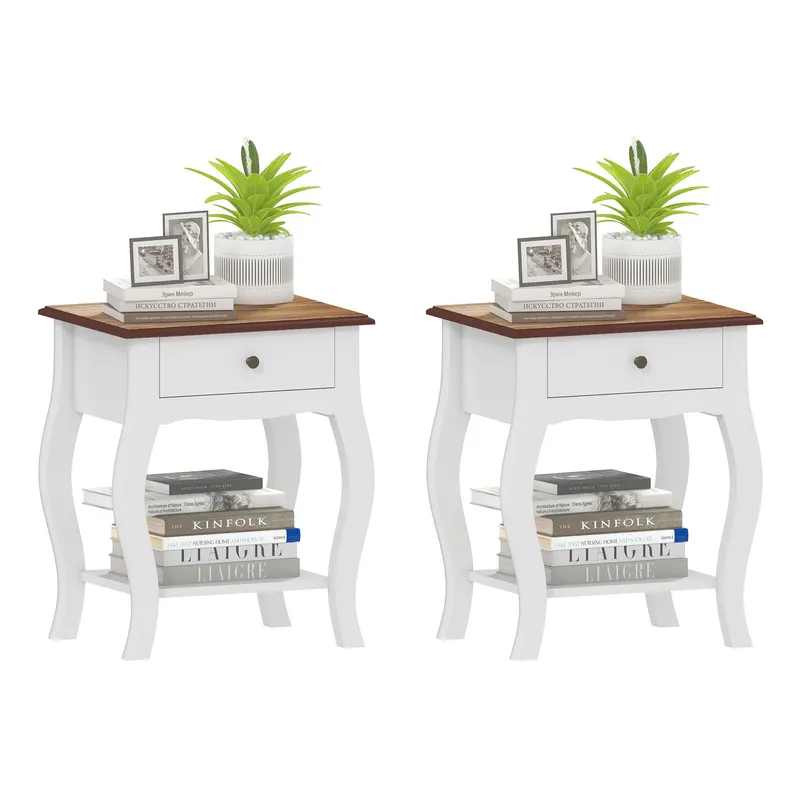 HOMCOM Set de 2 Noptiere cu Sertar Raft Deschis și Blat cu Efect de Stejar Stil Francez 45x35x55 cm Alb și Stejar | Romania