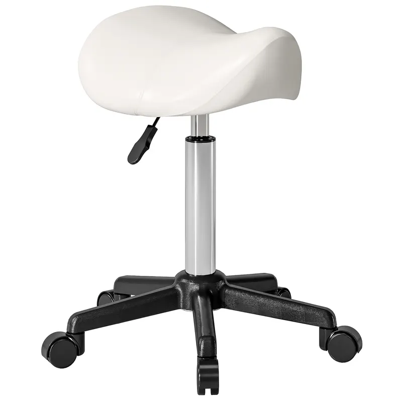 HOMCOM Taburet cu roti, scaun de lucru cu înălțime reglabilă 45-57 cm și șa ergonomică, 48x47x45-57cm, alb | Romania