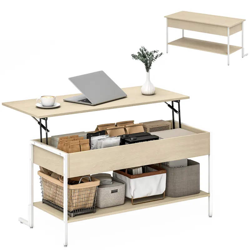 HOMCOM Masă de Cafea Extensibilă cu Închidere Blândă Spațiu Ascuns de Depozitare și Raft Deschis 95x40x59 cm Lemn Natural și Alb | Romania