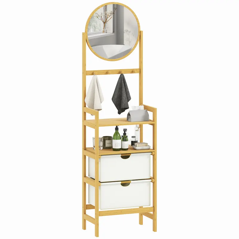 HOMCOM Raft de baie din bambus cu oglindă cu 4 cârlige 2 rafturi deschise și 2 sertare din material textil 48,5x30x170 cm Natural | Romania