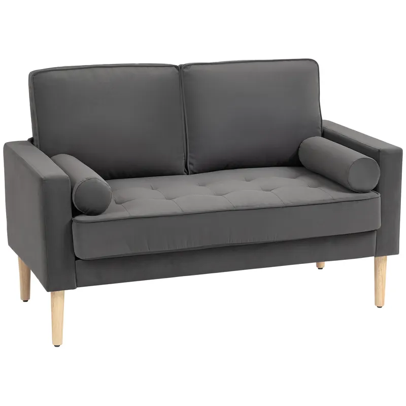 HOMCOM Canapea 2 locuri elegantă din catifea 127 cm cu perne groase, 2 perne și șezut captușit, gri | Romania