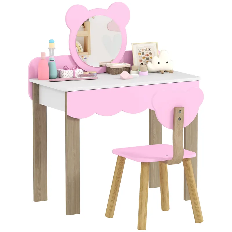 AIYAPLAY Set Masuta Cosmetica cu Scaunel pentru Copii, Oglinda de Machiaj, Forma Ursulet, Sertar, MDF, Roz | Romania