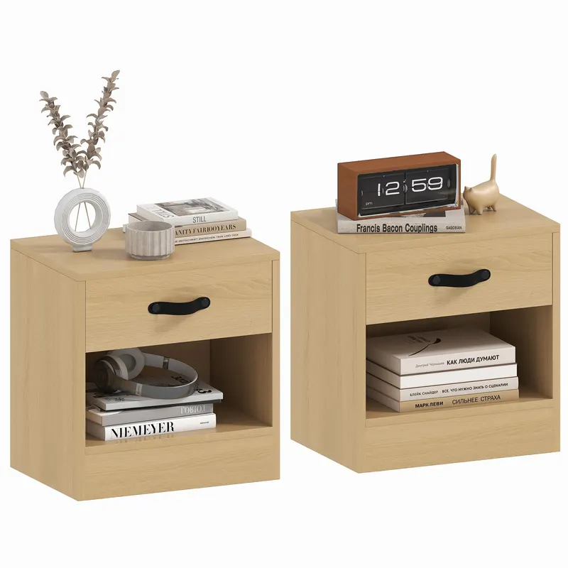 HOMCOM Set de 2 Noptiere cu Sertar și Compartiment Deschis pentru Sufragerie 39x28x41 cm Natural | Romania