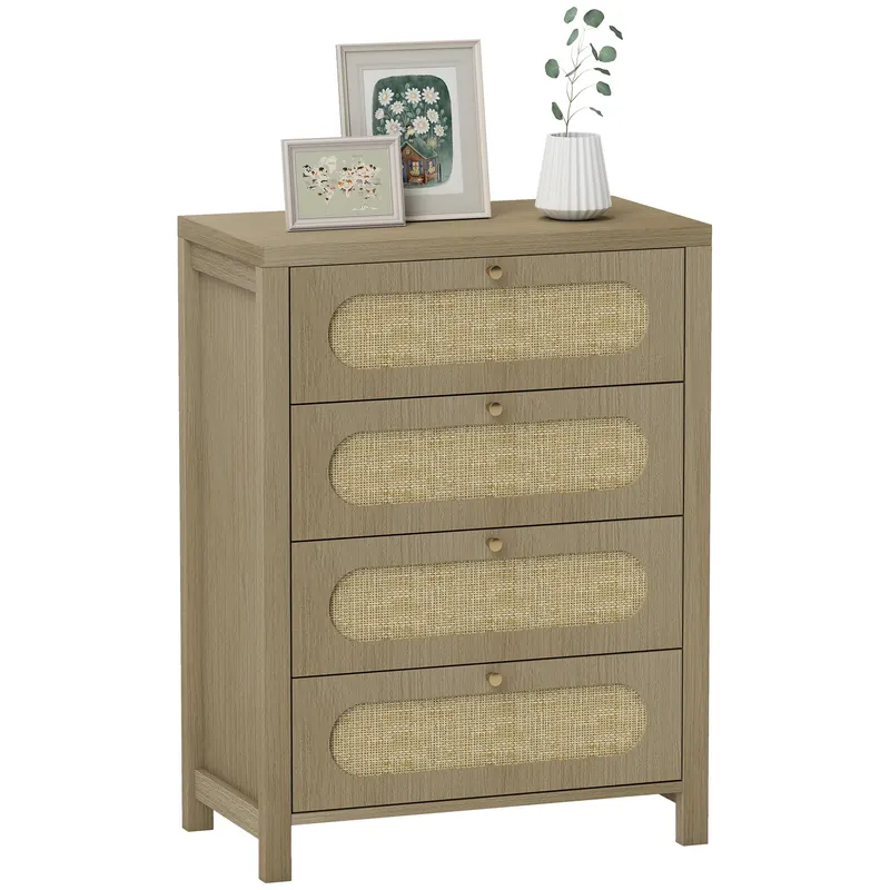 HOMCOM Comodă 4 sertare mobilier de depozitare stil boemian cu uși din răchită, 70 x 38 x 93 cm, efect lemn natural | Romania
