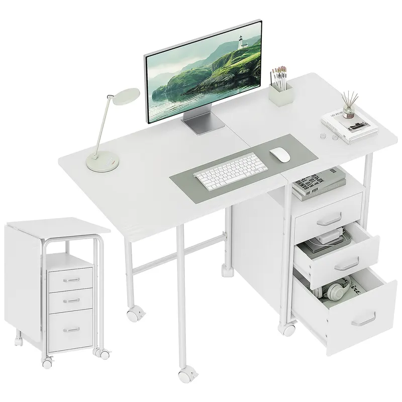 HOMCOM Birou de calculator pliabil pe roți, birou cu depozitare, 3 sertare, blat extensibil, 105x51x75,5cm, alb | Romania