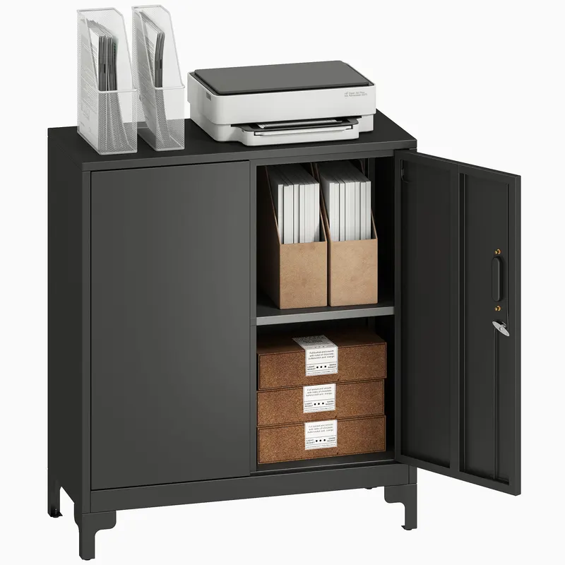 HOMCOM Dulap birou din metal, uși blocabile, comodă de birou, design cu două niveluri, Negru | Romania