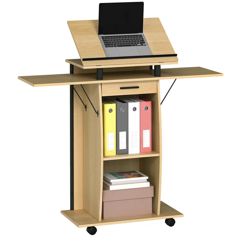HOMCOM Suport de Podium cu Role, Pupitru cu Aripi Laterale Pliabile, Măsuță pentru Laptop cu Sertar și Rafturi, Stejar | Romania