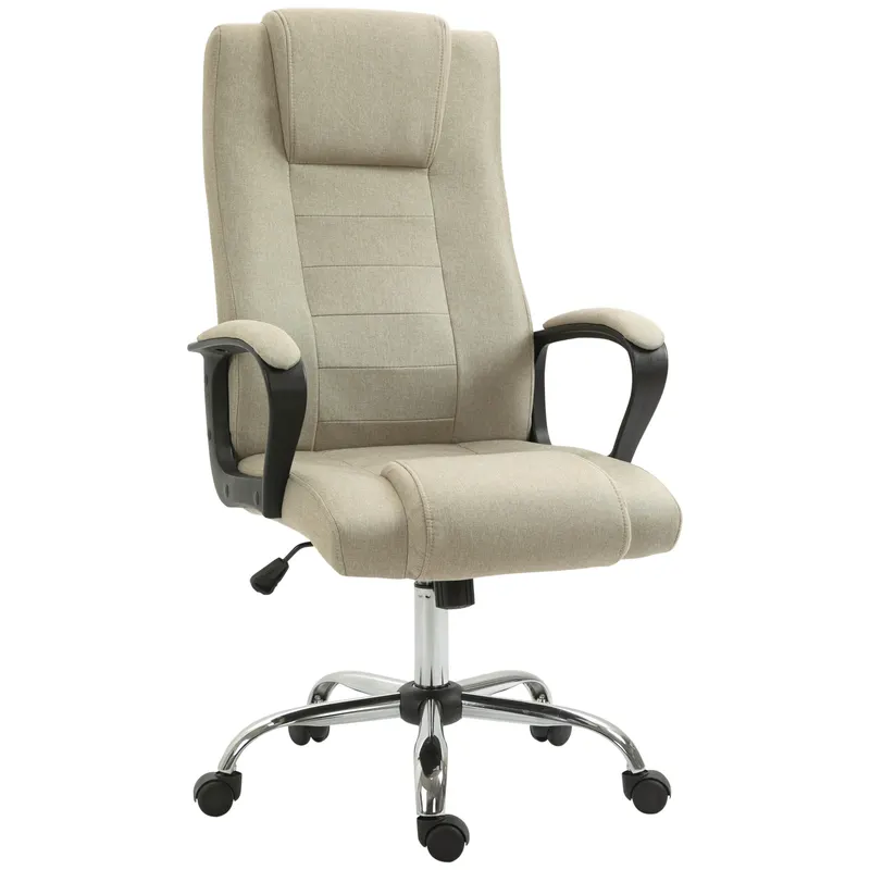 Vinsetto Scaun de Birou Ergonomic, Rotativ și Înclinabil, din Țesătură cu Aspect de In, cu Tetieră, Bej | Romania