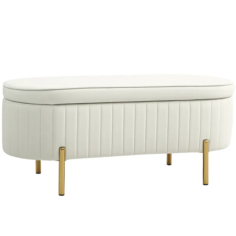 HOMCOM Bancă de Depozitare de Intrare Ovală 72L, Design Canelat cu Capac Rabatabil și Scaun Capitonat, Bancă de la Capătul Patului, Pouf, în Velur și cu Picioare din Lemn de Pin, 108x44x43.5 cm, Crem | Romania