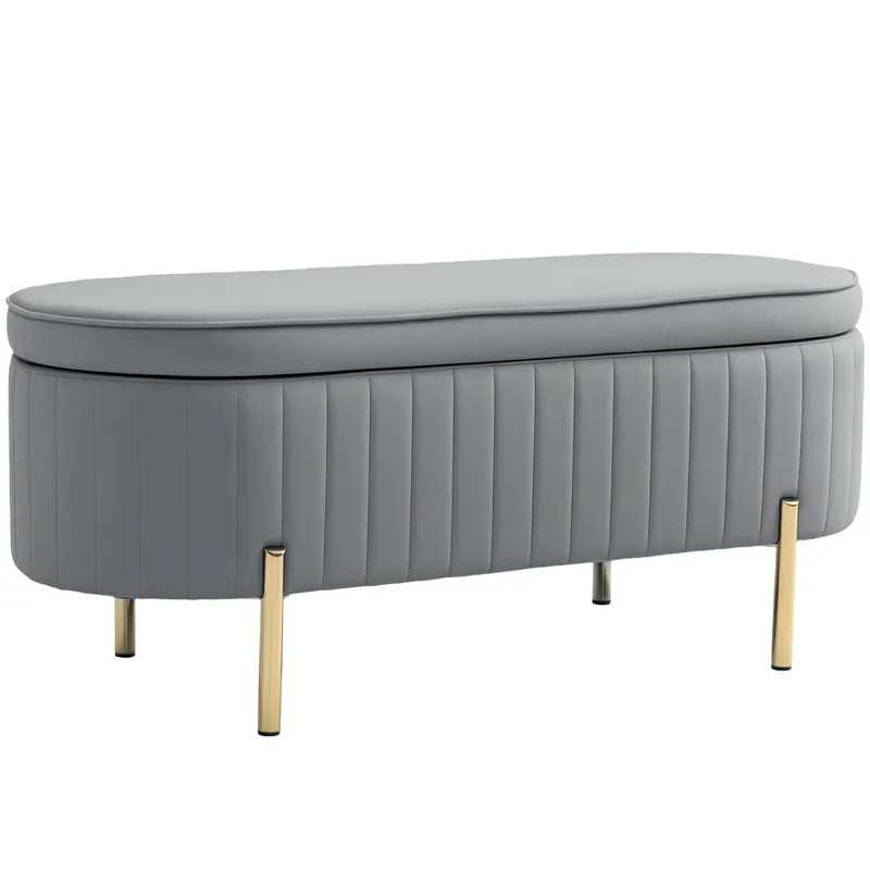 HOMCOM Bancă de Depozitare pentru Intrare Ovală 72L cu Design Scanalat, Capac Ridicabil și Șezut Capitonat, Bancă de la Capătul Patului Pouf în Catifea și Picioare de Lemn de Pin, 108x44x43.5 cm, Gri | Romania