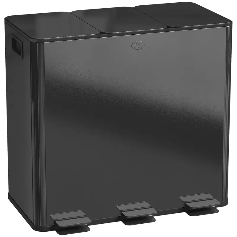HOMCOM Coș de Gunoi cu 3 Secțiuni de 20L cu Pedală și 2 Capace cu Închidere Silențioasă, Coș de Gunoi din Oțel Inoxidabil și PP, 61.9x36.6x56.7 cm, Negru | Romania