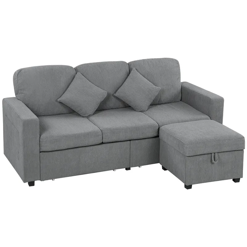HOMCOM Divan 3 Locuri cu Pouf de Depozitare din Velur cu Nervuri 196x139x85 cm, Gri | Romania