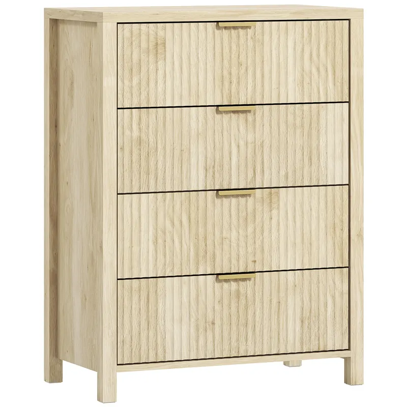 HOMCOM Comodă pentru Dormitor cu 4 Sertare Canelate, Comodă din Lemn cu Mânere Aurii, pentru Sufragerie, Sala de Mese și Hol, 70x38x93 cm, Lemn Natural | Romania