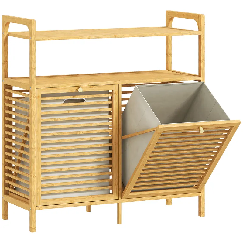 HOMCOM Mobilier pentru Rufe de Baie cu 2 Compartimente Basculante, 82L, Suport pentru Rufe Murdare din Bambus cu Coșuri Detașabile și Lavabile și 2 Rafturi, pentru Spălătorie și Baie, 82x33x88 cm, Culoare Lemn | Romania