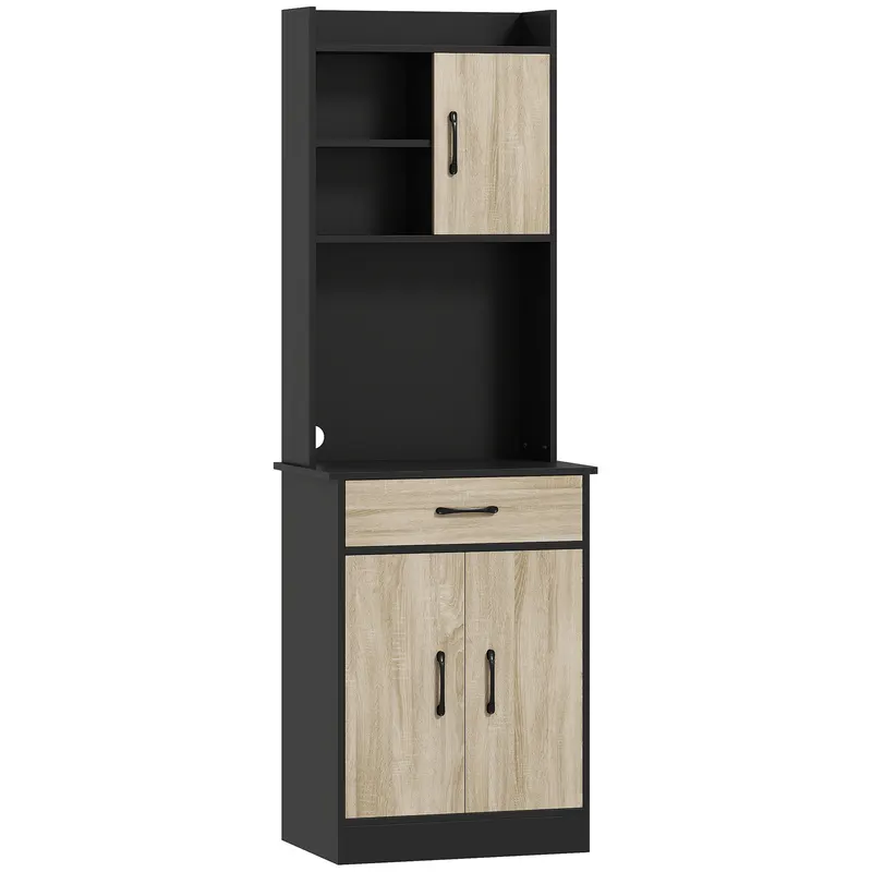 HOMCOM Dulap de Bucătărie, Mobilier cu Orificiu pentru Cabluri și Suprafață pentru Microunde, Dulap de Bucătărie cu Sertar, 3 Rafturi Deschise și Dulapuri, pentru Sufragerie, Living, Negru și Lemn | Romania