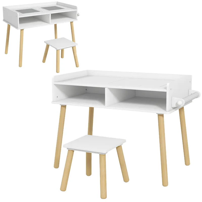 HOMCOM Set de Masă și Scaun pentru Copii, Masă de Activități pentru Copii Mici 3 în 1 cu Tablă de Construcție, 87x45x59.5 cm, Alb | Romania