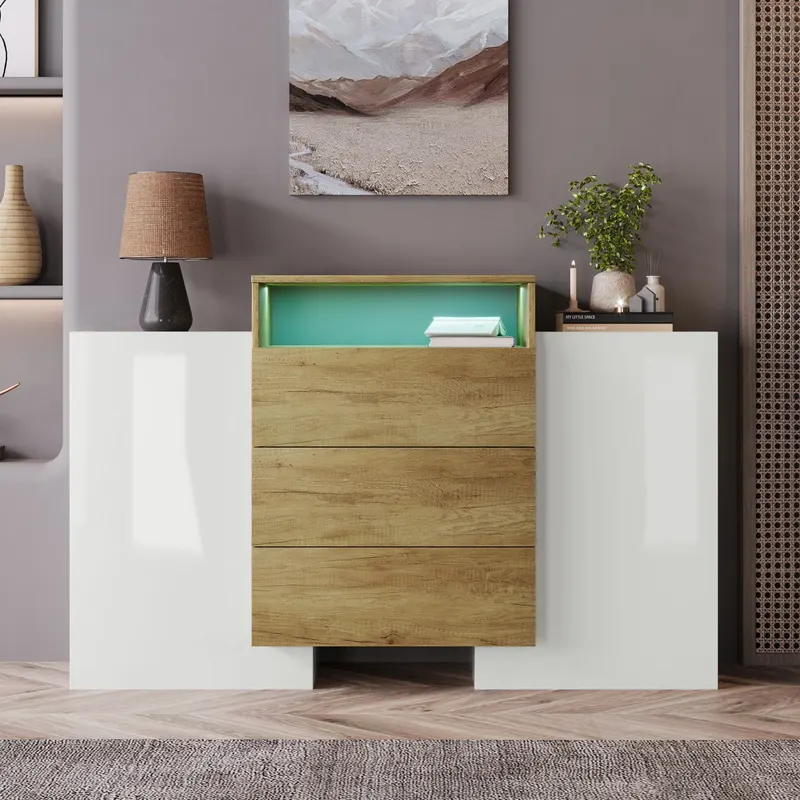 Comodă Modernă cu LED Multicolor, Alb+Culoare naturală | Romania