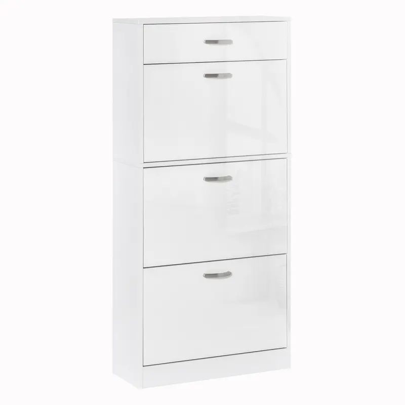 HOMCOM Dulap pantofi cu 3 uși rabatabile, sertar glisant, 62x24x135 cm, mânere aluminiu, placă de particule albă | Romania