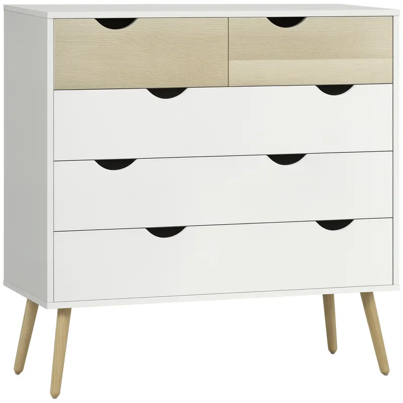 HOMCOM Comodă 5 sertare design scandinav mobilier depozitare cameră placă particule 99 x 39 x 101 cm alb aspect stejar deschis | Romania