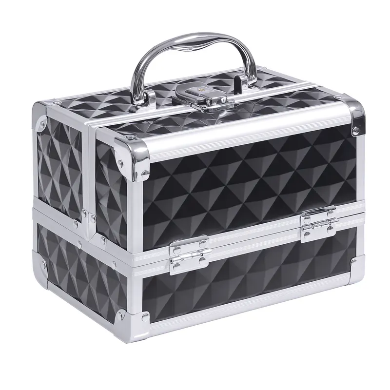 HOMCOM Geantă de machiaj depozitare la 3 nivele cu oglindă lacăt cu 2 chei dim. 20L x 15l x 15H cm negru | Romania