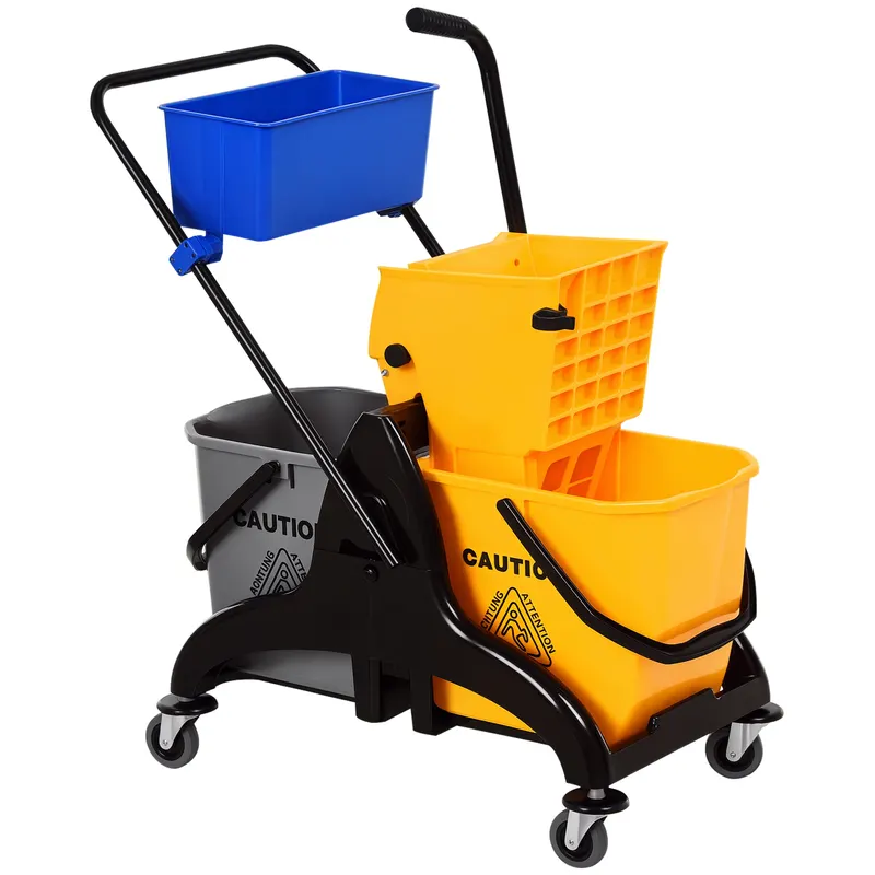 HOMCOM Chariot de curățenie cu exprimare cu găleată laterală de stoarcere 26 L + coș de depozitare 78 x 45 x 95 cm galben | Romania
