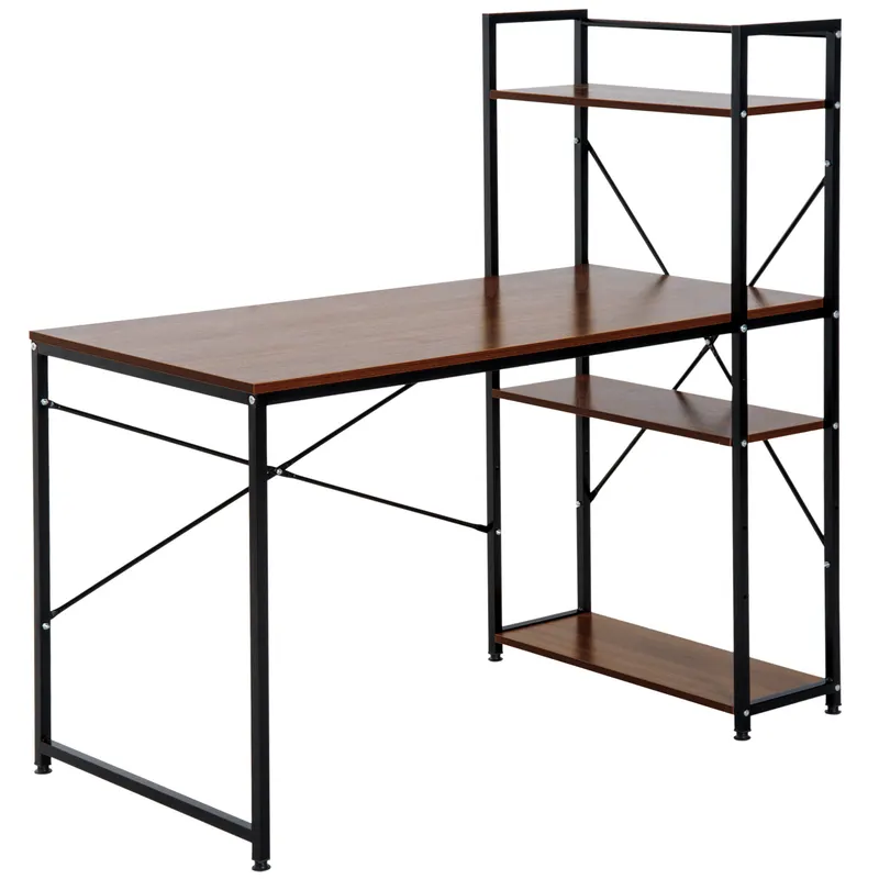 HOMCOM Birou de colț cu depozitare design industrial cu bibliotecă 3 rafturi panouri particulate aspect nuc metal negru | Romania